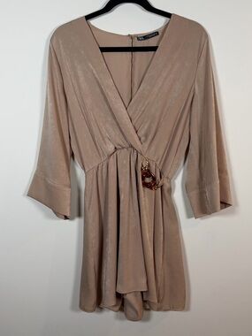ZARA Satin-Effect Nude Beige Surplice Neckline Flowy Romper Size S